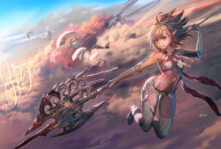 Rule 34 | 1girl, bodysuit, breasts, brown hair, cloud, elbow gloves, evening, flying, gloves, midriff, new year, original, pointy ears, polearm, red eyes, short ponytail, skin tight, sky, small breasts, solo, spear, thighhighs, umiu geso, weapon, white gloves