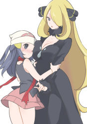 Rule 34 | 2girls, age difference, beanie, black coat, black eyes, black hair, black nails, black pants, black shirt, blonde hair, blush, breasts, chorimokki, cleavage, coat, creatures (company), cynthia (pokemon), dawn (pokemon), face to breasts, fur-trimmed sleeves, fur collar, fur trim, game freak, grey eyes, hair ornament, hair over one eye, hat, height difference, large breasts, long hair, looking at another, mature female, miniskirt, multiple girls, nail polish, nintendo, one eye closed, onee-loli, pants, pink skirt, poke ball print, pokemon, pokemon dppt, red scarf, scarf, shirt, skirt, sweatdrop, very long hair, yuri