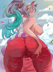 Rule 34 | arachnart, ass, back, bare shoulders, blush, breasts, cloud, cloudy sky, earrings, highres, horns, jewelry, large breasts, long hair, one piece, panties, pants, shirt, sky, tagme, underwear, yamato (one piece), yellow eyes