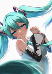 Rule 34 | 1girl, absurdres, aqua eyes, aqua hair, aqua nails, backlighting, closed mouth, detached sleeves, fingernails, grey background, hatsune miku, headset, highres, long hair, looking at viewer, nail polish, shooot108, simple background, smile, solo, twintails, vocaloid, white background
