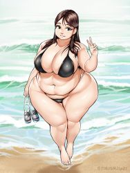 Rule 34 | 1girl, alcohol, bad id, bad twitter id, barefoot, beach, beer, beer can, bikini, breasts, brown hair, can, drink can, eyeshadow, fat, green eyes, highres, large breasts, makeup, plump, solo, swimsuit, toroboro, v, wide hips