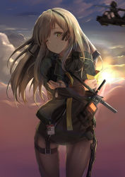 Rule 34 | 1girl, absurdres, aircraft, armband, blurry, blush, brown hair, cloud, crossed arms, dog tags, dress, exoskeleton, girls&#039; frontline, grey hair, gun, h&amp;k ump, hair between eyes, hair ribbon, hairband, head tilt, heckler &amp; koch, helicopter, highres, jacket, long hair, looking at viewer, magazine (weapon), name tag, one eye closed, one side up, pantyhose, ribbon, septet (zrca janne), skindentation, smile, solo, star-shaped pupils, star (symbol), submachine gun, sunrise, symbol-shaped pupils, thigh strap, thighs, ump40 (girls&#039; frontline), walkie-talkie, weapon, yellow eyes
