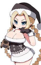 Rule 34 | 1girl, animal, aqua eyes, arched back, bare shoulders, black gloves, black hat, black santa costume, blonde hair, braid, breasts, cat, christmas, cleavage, closed mouth, commentary, cowboy shot, english commentary, forehead, fur-trimmed headwear, fur trim, gloves, hand up, hat, highres, holding, holding animal, holding cat, large breasts, long hair, looking at viewer, novcel, original, pom pom (clothes), santa costume, santa hat, simple background, smile, solo, tsurime, twin braids, v-shaped eyebrows, very long hair, white background, widow&#039;s peak