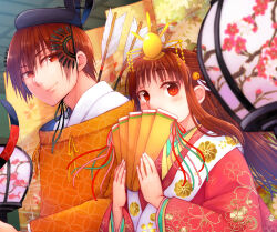 Rule 34 | 1boy, 1girl, 2020, alternate costume, arrow (projectile), bell, black headwear, blush, brother and sister, brown hair, cherry blossom print, closed mouth, commentary, covering own mouth, dated commentary, eyelashes, eyes visible through hair, fingernails, floating hair, floral print, folding fan, green ribbon, hair between eyes, hair ribbon, hand fan, highres, hina ningyou, hinamatsuri, hirabitai, holding, holding fan, indoors, japanese clothes, jingle bell, kimono, lantern, lips, little busters!, long hair, looking at viewer, natsume kyousuke, natsume rin, orange kimono, paper lantern, ponytail, rakka, red eyes, red kimono, red ribbon, ribbon, short hair, siblings, sidelocks, straight hair, upper body, very long hair, white ribbon