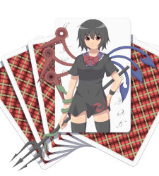 Rule 34 | 1girl, asymmetrical wings, bad id, bad pixiv id, black hair, black thighhighs, bow, card, female focus, houjuu nue, kinakomoti, no panties, playing card, polearm, red eyes, short hair, simple background, solo, spear, thighhighs, touhou, trident, weapon, white background, wings, zettai ryouiki