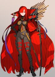 Rule 34 | 1girl, asymmetrical bangs, bodysuit, breasts, cape, closed mouth, expressionless, fate/grand order, fate (series), full body, garter straps, gloves, grey bodysuit, hair over one eye, hand on own hip, high heels, highres, holding, holding sword, holding weapon, katana, long hair, looking at viewer, medium breasts, oda nobunaga (fate), oda nobunaga (maou avenger) (fate), red cape, red eyes, red hair, rioka (southern blue sky), simple background, solo, sword, very long hair, weapon