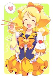 Rule 34 | 10s, 1girl, ^ ^, blonde hair, bow, bowl, brooch, closed eyes, cure honey, happinesscharge precure!, heart, heart brooch, long hair, magical girl, mofuko, oomori yuuko, open mouth, ponytail, precure, rice, rice bowl, skirt, solo, speech bubble, steam, wide ponytail, yellow skirt