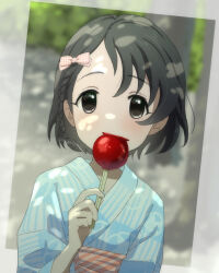 Rule 34 | 1girl, alternate costume, black hair, blue kimono, blurry, blurry background, blush, bow, braid, candy, candy apple, food, hair bow, highres, holding, holding candy, holding food, idolmaster, idolmaster cinderella girls, japanese clothes, kimono, looking at viewer, megabee e, obi, outdoors, sasaki chie, sash, short hair, solo, twitter username, upper body