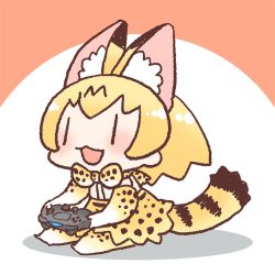 Rule 34 | 1girl, :3, animal ear fluff, animal ears, bad id, bad twitter id, blush, bow, bowtie, chibi, commentary request, controller, detached sleeves, dualshock, game controller, gamepad, inukoro (spa), kemono friends, lowres, playing games, playstation controller, serval (kemono friends), serval print, simple background, sitting, tail, traditional bowtie, | |