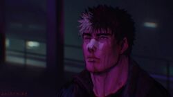 Rule 34 | 1boy, aki (akistrike), bandaid, bandaid on face, bandaid on nose, berserk, black hair, blade runner, blade runner 2049, blood, closed mouth, commentary, cosplay, english commentary, goslingposting (meme), guts (berserk), injury, jacket, k (blade runner 2049), k (blade runner 2049) (cosplay), looking up, male focus, multicolored hair, one eye closed, parody, shirt, short hair, solo, spiked hair, streaked hair, white shirt