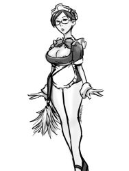Rule 34 | 00s, 1girl, alternate costume, areola slip, bow, breasts, cleavage, dress, duster, earrings, eleanor varrot, enmaided, glasses, greyscale, jewelry, large breasts, lipstick, maid, maid headdress, makeup, mary janes, microdress, monochrome, semi-rimless eyewear, senjou no valkyria (series), shoes, shoogerbare, short dress, solo, standing, under-rim eyewear, wrist cuffs