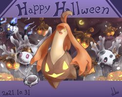 Rule 34 | :&gt;, absurdres, chandelure, closed mouth, commentary request, creatures (company), cursola, dated, fangs, fire, fire, galarian corsola, galarian form, game freak, gen 5 pokemon, gen 6 pokemon, gen 8 pokemon, gourgeist, halloween, happy halloween, highres, nintendo, no humans, open mouth, pokemon, pokemon (creature), pumpkaboo, smile, tongue, yellow eyes, yumedamauru