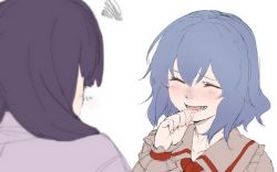 Rule 34 | 2girls, blue hair, blush, closed eyes, fang, hair between eyes, laughing, long hair, multiple girls, no headwear, no headwear, open mouth, patchouli knowledge, perspective, purple hair, remilia scarlet, short hair, smile, squiggle, terimayo, touhou, white background, wrist cuffs