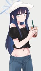 Rule 34 | 1girl, absurdres, alternate costume, bare shoulders, baseball cap, black shirt, blue archive, blue eyes, blue hair, commentary request, cowboy shot, crop top, cup, denim, disposable cup, drinking straw, earrings, grey background, groin, hat, highres, holding, holding cup, hoop earrings, jeans, jewelry, long hair, looking at viewer, midriff, mizutamari (lbsbdpsp), navel, off-shoulder shirt, off shoulder, pants, parted lips, puffy short sleeves, puffy sleeves, saori (blue archive), shirt, short sleeves, simple background, solo, standing, stomach, very long hair, white hat