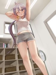Rule 34 | 1girl, ahoge, akebono (kancolle), alternate costume, basket, bell, black eyes, breasts, casual, feet out of frame, flower, from behind, grey hair, grey shorts, hair bell, hair flower, hair ornament, highres, honmakaina kudou, kantai collection, long hair, looking at viewer, medium breasts, midriff peek, one eye closed, shelf, shorts, side ponytail, solo, standing, tank top, very long hair, weighing scale, white tank top, window