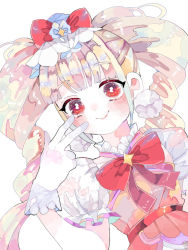 Rule 34 | 1girl, aisaki emiru, blonde hair, blunt bangs, blush, bow, cure macherie, dress, gloves, hanataro (sruvhqkehy1zied), hugtto! precure, long hair, looking at viewer, pink dress, precure, puffy short sleeves, puffy sleeves, red bow, red eyes, short sleeves, simple background, smile, solo, twintails, upper body, w, white background, white gloves
