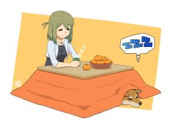 Rule 34 | 1girl, animal, black dress, blush stickers, bowl, breasts, closed eyes, closed mouth, commentary request, cropped jacket, cup, dog, dress, food, fruit, green hair, holding, holding cup, jacket, kotatsu, long sleeves, mandarin orange, medium breasts, muu (mumumer), open clothes, open jacket, orange background, original, ponytail, smile, solo, spoken zzz, steam, table, two-tone background, under kotatsu, under table, white background, white jacket, yunomi, yunomiya agari, zzz