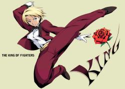 Rule 34 | 1girl, androgynous, bad id, bad pixiv id, blonde hair, blue eyes, flower, formal, kicking, king (snk), pant suit, pants, reverse trap, rose, ryuuko no ken, satoshi (artist), short hair, snk, solo, suit, the king of fighters, tuxedo