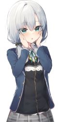 Rule 34 | 1girl, alternate costume, ars almal, blue eyes, blush, hair between eyes, hair ornament, hair ribbon, hands on own cheeks, hands on own face, highres, jacket, looking at viewer, nijisanji, open mouth, ribbon, school uniform, silver hair, simple background, solo, virtual youtuber, warayanuko, white background