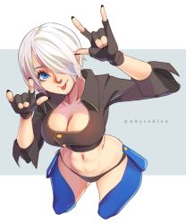 Rule 34 | 1girl, \m/, abs, angel (kof), artist name, black nails, blue eyes, breasts, cleavage, crop top, fingerless gloves, gloves, hair over one eye, highres, letterboxed, looking up, nail polish, navel, one eye covered, outside border, short hair, snk, solo, stomach, the king of fighters, the king of fighters xv, tongue, tongue out, twitter username, white hair, whysoblau
