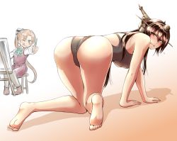 Rule 34 | 10s, 2girls, ;q, akigumo (kancolle), all fours, ass, bare arms, bare legs, bare shoulders, barefoot, black hair, black leotard, blush, breasts, canvas (object), embarrassed, feet, from behind, full body, headgear, kanno takanori, kantai collection, large breasts, leotard, long hair, looking at viewer, looking back, multiple girls, nagato (kancolle), neck ribbon, one-piece swimsuit, one eye closed, parted lips, ponytail, red eyes, ribbon, school uniform, sitting, skirt, skirt set, soles, toes, tongue, tongue out