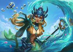 Rule 34 | 1girl, absurdres, blonde hair, breasts, cloud, colored skin, crown, day, gem, green skin, hand up, highres, holding, holding staff, horns, large breasts, lauraklein, league of legends, long hair, looking at viewer, mermaid, monster girl, nami (league of legends), navel, ocean, outdoors, red eyes, red lips, redrawn, smile, solo, staff, teeth, water, waves