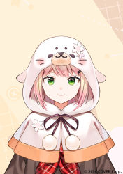 Rule 34 | 1girl, animal hood, brown shirt, capelet, closed mouth, gradient hair, green eyes, hair ornament, hairclip, hololive, hood, hood up, hooded capelet, kagawa ichigo, looking at viewer, momosuzu nene, momosuzu nene (casual), multicolored hair, neckerchief, official art, pink hair, red neckerchief, seal hood, shirt, smile, solo, upper body, virtual youtuber, watermark, white capelet