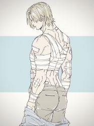 Rule 34 | 1boy, an chovy, bandaged arm, bandaged chest, bandaged hand, bandages, bandaid, blonde hair, cowboy shot, facial hair, grey pants, hair over one eye, highres, leon s. kennedy, letterboxed, looking down, male focus, mature male, muscular, muscular male, muted color, pants, parted bangs, resident evil, resident evil 6, shirt partially removed, short hair, solo, stubble, topless male