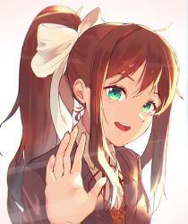 Rule 34 | 1girl, :d, absurdres, blazer, blush, bow, brown hair, brown vest, commentary request, doki doki literature club, green eyes, grey background, grey jacket, hair bow, hand up, highres, jacket, long hair, looking at viewer, monika (doki doki literature club), neck ribbon, open clothes, open jacket, open mouth, orr (kkkkbbbbc), ponytail, red ribbon, ribbon, sidelocks, simple background, smile, solo, teeth, upper body, upper teeth only, vest, white bow