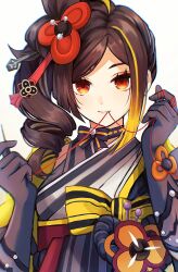 Rule 34 | 1girl, black gloves, brown hair, chiori (genshin impact), commentary request, drill hair, genshin impact, gloves, hair ornament, hands up, highres, holding, holding needle, japanese clothes, kimono, mokota, needle, orange eyes, sewing needle, side ponytail, solo, thread, upper body