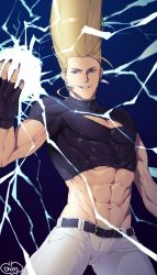 Rule 34 | 1boy, abs, blonde hair, blue eyes, crop top, earrings, electricity, fingerless gloves, gloves, grin, highres, jewelry, male focus, midriff, murata tefu, nail polish, nikaidou benimaru, pompadour, smile, snk, solo, the king of fighters