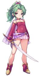 Rule 34 | 1girl, breasts, cape, closed mouth, detached sleeves, earrings, final fantasy, final fantasy vi, full body, green hair, hair ribbon, holding, holding sword, holding weapon, jewelry, karukan (monjya), leotard, long hair, looking at viewer, ponytail, red leotard, ribbon, simple background, small breasts, solo, sword, tina branford, weapon, white background