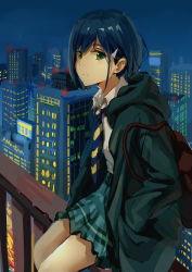 Rule 34 | absurdres, backpack, bag, blue hair, blue necktie, bob cut, brown bag, building, city, cityscape, closed mouth, commentary, darling in the franxx, diagonal stripes, dress shirt, green eyes, green hoodie, green skirt, hair ornament, hair strand, hairclip, hands in pockets, highres, hood, hood down, hoodie, ichigo (darling in the franxx), light frown, looking at viewer, looking to the side, mao wei du jiao shou, necktie, night, outdoors, plaid, plaid skirt, pleated skirt, railing, shirt, sitting, skirt, skyscraper, striped, striped necktie, white shirt, yellow necktie