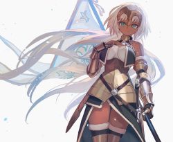 Rule 34 | 1girl, armor, bare shoulders, breasts, closed mouth, cowboy shot, dark-skinned female, dark skin, elbow gloves, fate/grand order, fate (series), flag, gloves, green eyes, highres, holding, holding flag, jeanne d&#039;arc (fate), lack, looking at viewer, medium breasts, original, short hair, smile, solo, standing, tan, thighhighs, white hair