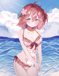 Rule 34 | 1girl, ahoge, ball, beachball, bikini, blue sky, blush, breasts, cherry blossom print, cherry blossoms, cleavage, closed mouth, cloud, cloudy sky, collarbone, day, floral print, flower, frilled bikini, frills, green eyes, hair between eyes, hair flower, hair ornament, hairclip, highres, hololive, medium breasts, medium hair, ocean, official alternate costume, outdoors, pink bikini, pink hair, print bikini, sakura miko, sakura miko (hololive summer 2019), sky, smile, solo, swimsuit, tamako 010, virtual youtuber, water, water drop