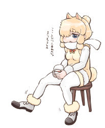 Rule 34 | 10s, 1girl, absurdres, alpaca ears, alpaca suri (kemono friends), alpaca tail, animal ears, black footwear, blonde hair, blue eyes, cup, fur trim, hair over one eye, hare (tetterutei), highres, holding, holding cup, kemono friends, long sleeves, neck ribbon, one eye covered, pantyhose, ribbon, sad, shoes, short hair, sitting, solo, stool, tail, translation request, triangle mouth, vest, white pantyhose
