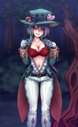 Rule 34 | 1girl, argyle, belt, blush, bra, breasts, cleavage, club (shape), clubs, diamond (shape), female focus, flashing, forest, formal, gloves, grey hair, hat, heart, heart-shaped pupils, large breasts, long hair, looking at viewer, mad hatter (monster girl encyclopedia), monorus, monster girl, monster girl encyclopedia, multicolored hair, mushroom, nature, navel, night, open clothes, open shirt, pants, parted lips, purple hair, red bra, red eyes, shirt, skirt, skirt suit, smile, solo, spade, spade (shape), suit, symbol-shaped pupils, tree, two-tone hair, underwear, white gloves