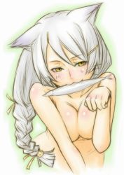 Rule 34 | 1girl, :3, animal ears, artist request, bad id, bad pixiv id, black hanekawa, blush, braid, breasts, cat ears, cleavage, completely nude, fish, hair ornament, hairclip, hanekawa tsubasa, long hair, medium breasts, monogatari (series), mouth hold, nude, paw pose, silver hair, sketch, slit pupils, smile, solo, source request, whiskers, yellow eyes