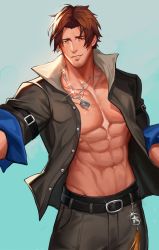Rule 34 | 1boy, abs, bare pectorals, belmond banderas, belt, belt buckle, black belt, black pants, black shirt, blue background, brown eyes, brown hair, buckle, collarbone, collared shirt, commentary request, dress shirt, facial hair, glint, henrryxv, highres, large pectorals, looking at viewer, male focus, nijisanji, open clothes, open shirt, pants, parted bangs, parted lips, pectorals, shirt, short sleeves, smile, solo, standing, stubble, thick eyebrows, virtual youtuber