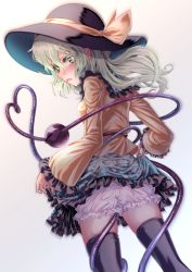 Rule 34 | 1girl, black hat, black thighhighs, bloomers, blush, bright pupils, cameltoe, cowboy shot, embarrassed, floral print, from behind, green eyes, green hair, green skirt, hat, hat ribbon, heart, heart of string, highres, komeiji koishi, looking at viewer, looking back, medium hair, nomayo, open mouth, ribbon, rose print, shirt, simple background, skirt, solo, standing, thighhighs, third eye, touhou, underwear, white background, white pupils, yellow ribbon, yellow shirt