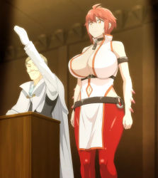 Rule 34 | 1boy, 1girl, anime screenshot, breasts, dragon girl, huge breasts, isekai meikyuu de harem wo, lowres, no bra, open clothes, pants, red hair, red pants, screencap, short hair, slave, slave auction, stitched, striped, tall female, third-party edit, tight clothes, tight pants, vesta (isekai meikyuu de harem wo)