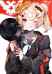 Rule 34 | 1girl, animal ears, arknights, bear ears, black jacket, blonde hair, blue dress, candy hair ornament, chinese commentary, commentary, copyright name, cyrillic commentary, dress, food, food-themed hair ornament, food on head, food themed hair ornament, frying pan, gummy (arknights), hair ornament, hairclip, highres, holding, holding frying pan, jacket, looking at viewer, muaooooo, nail polish, object on head, orange nails, pancake, pin, red background, red eyes, sailor dress, school uniform, short hair, smile, solo, tongue, tongue out, twintails, two-tone background, upper body, ursus empire logo, white background