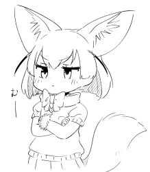 Rule 34 | 1girl, :&lt;, animal ear fluff, animal ears, annoyed, blush, bow, closed mouth, crossed arms, dot nose, fennec (kemono friends), fox ears, fox tail, from side, greyscale, jitome, kemono friends, looking away, monochrome, panzuban, pleated skirt, scarf, short hair, short sleeves, simple background, skirt, solo, sound effects, sulking, sweater, tail, upper body, v-shaped eyebrows