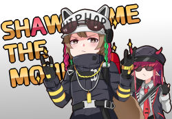Rule 34 | 2girls, \n/, arknights, black gloves, black headwear, black jacket, brown eyes, brown hair, cabbie hat, commentary, eyewear on head, fingerless gloves, firefighter jacket, gloves, hat, hayarob, highres, jacket, jewelry, long hair, long sleeves, middle finger, multicolored hair, multiple girls, necklace, necktie, open clothes, open jacket, pointy ears, red hair, red neckwear, ring, shaw (arknights), short hair, sparkle, squirrel tail, sunglasses, tail, upper body, vigna (arknights), watch, white headwear, wristwatch
