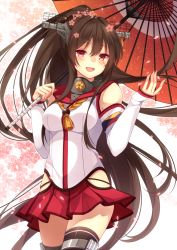 Rule 34 | 10s, 1girl, bad id, bad pixiv id, blush, brown hair, flower, hair flower, hair ornament, kantai collection, long hair, looking at viewer, oil-paper umbrella, open mouth, personification, petals, ponytail, red eyes, red skirt, shiromikan, skirt, smile, umbrella, very long hair, yamato (kancolle)