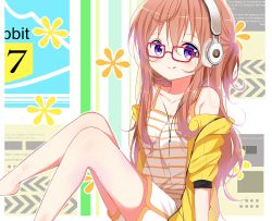 Rule 34 | 1girl, :q, bare legs, barefoot, blush, brown hair, camisole, closed mouth, commentary request, deyui, english text, feet out of frame, glasses, gochuumon wa usagi desu ka?, hair between eyes, headphones, hood, hood down, hooded jacket, hoto mocha, jacket, knees up, long hair, off shoulder, open clothes, open jacket, purple eyes, red-framed eyewear, short shorts, short sleeves, shorts, sitting, smile, solo, striped, striped camisole, tongue, tongue out, very long hair, white camisole, white shorts, yellow jacket
