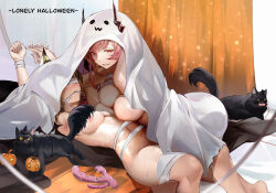 Rule 34 | 2girls, animal, animal ears, arknights, arms up, asymmetrical docking, bdsm, black cat, blindfold, blush, bondage, bound, bound arms, breast press, breasts, cat, cat ears, collarbone, covered eyes, curtains, dildo, egg vibrator, english text, gag, ghost costume, grabbing, grabbing another&#039;s breast, green hair, halloween, highres, holding hands, horns, improvised gag, interlocked fingers, jack-o&#039;-lantern, kal&#039;tsit (arknights), large breasts, long hair, looking at viewer, lying, medium breasts, multiple girls, navel, nipples, nude, on back, pink eyes, pink hair, sex toy, short hair, star (symbol), tabayashi, theresa (arknights), vibrator, yuri