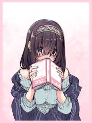 Rule 34 | 1girl, akino sora, blue eyes, blue sweater, blush, book, border, brown hair, embarrassed, eyes visible through hair, hair over eyes, hairband, highres, holding, holding book, idolmaster, idolmaster cinderella girls, long sleeves, looking at viewer, off shoulder, open book, pink background, pink border, ribbed sweater, sagisawa fumika, sketch, solo, sweater, upper body