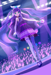 Rule 34 | 1girl, 32zzz, absurdly long hair, alternate costume, bare shoulders, bridal garter, choker, closed mouth, cure majesty, dress, elbow gloves, frilled thighhighs, frills, gloves, green eyes, hair ornament, heart, heart hair ornament, highres, hirogaru sky! precure, holding glowstick, idol, long hair, orange choker, pleated skirt, precure, purple dress, purple hair, purple skirt, short dress, sidelocks, skirt, sleeveless, sleeveless dress, star (symbol), star hair ornament, thighhighs, two side up, very long hair, white gloves, white thighhighs, wing hair ornament