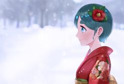 Rule 34 | 1girl, absurdres, aqua eyes, blush, earrings, floral print, flower, hair flower, hair ornament, highres, huge filesize, japanese clothes, jewelry, kimono, leaf, obi, original, print kimono, red flower, red kimono, sash, sinohira rin, smile, solo